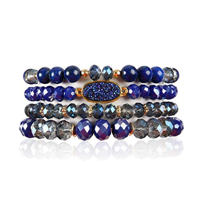 RIAH FASHION Bohemian Acrylic Druzy Multi-Layer Bead Statement Bracelet - Versatile Faux Stone Pendant Stretch Strand Stackable Cuff Bangle Set Sparkly Crystal - color: Oval Acrylic Druzy - Sapphire