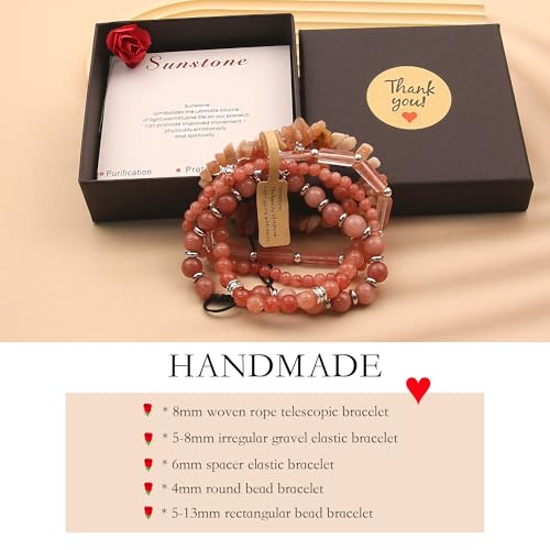 5Pcs Healing Crystal Bracelet for Women Men, Handmade Adjustable Gemstone Bracelets Beaded Reiki Energ Bracelet Set Jewelry Gifts for Women Men - color: Sunstone