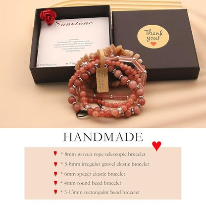 5Pcs Healing Crystal Bracelet for Women Men, Handmade Adjustable Gemstone Bracelets Beaded Reiki Energ Bracelet Set Jewelry Gifts for Women Men - color: Sunstone