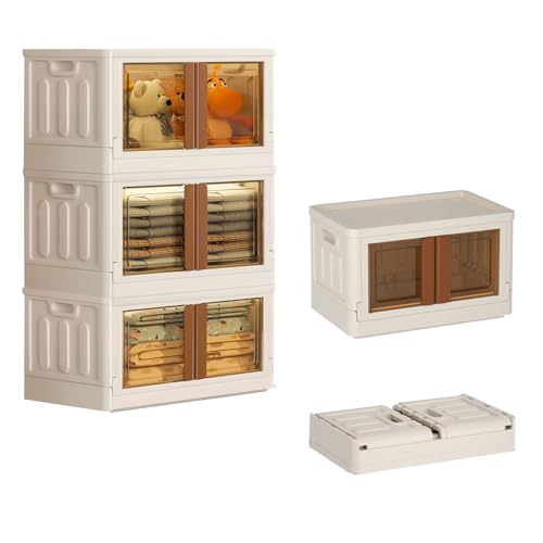 FAHKNS 3 Pack 8.4 Gallon Collapsible Storage Boxes, Lidded Storage Box with Door and Wheels for Books, Towels and Clothes, Folding Storage Box for Home - color: White, size: 8.4 Gal x 3