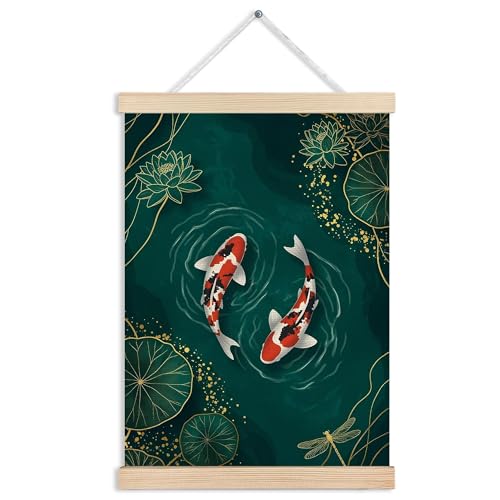 MVLJG Koi Fish Wall Art Poster, Japanese Room Decor, Oriental Asian Lotus Pond Fish Canvas Prints Hanging Wall Decor for Bedroom Zen Meditation Room Home, 12x16 Inches - color: Koi Fish-3