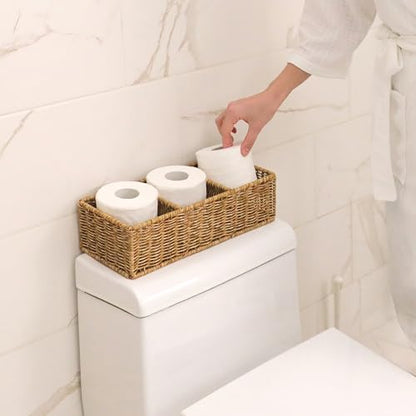 myHomeBody Wicker Basket With 3 Compartments, For Toilet Tank Paper Rolls, Hand Woven Bathroom Countertop Organizer, Bedroom Organization, 1pc, Tan - color: Tan