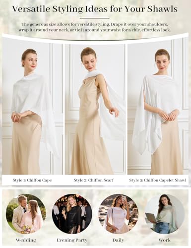 Chiffon Cape Shawl Wrap Scarf 3 Ways to Wear Elegant Sheer Capelet for Evening Dresses Weddings Parties - color: Ivory