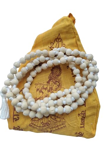 BHAVICREATION Tulsi Mala 108 Beads for Neck with Gaumukhi Jap Mala Bag for Pooja Worship (White Tulsi Mala 8 mm) - color: White Tulsi Mala 8 MM