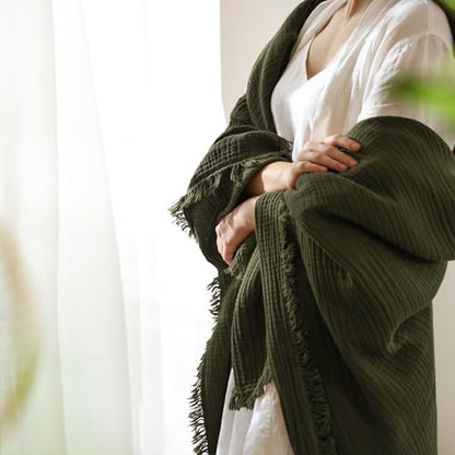 MooMee Muslin Blanket - 100% Cotton 4-Layer Gauze Throw Blanket with All-Around Fringe, Soft Breathable Lightweight Cooling Summer Blankets for Bed Couch (Olive Green,Throw XL 50" x 70") - color: Olive Green, size: Throw XL