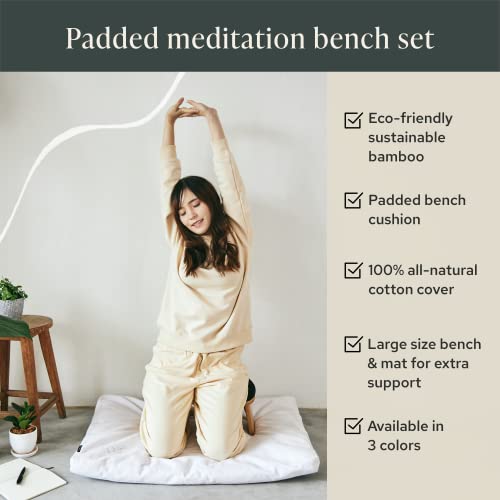 Bamboo Bench and Zabuton Meditation Mat Bundle - Small Kneeling Meditation Bench with Locking Magnetic Hinges - Wooden Kneeling Ergonomic Bamboo Seiza and Mat for Meditation