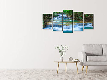 Wieco Art Peaceful Waterfall Canvas Prints Wall Art Green Trees Pictures Paintings for Living Room Bedroom Home Decorations Modern 5 Piece Stretched and Framed Forest Landscape Giclee Artwork - size: 10x16inchx2pcs,10x20inchx2pcs,10x24inchx1pc
