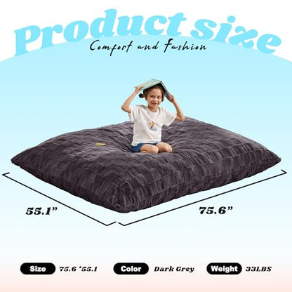 Hobestluk 3 in 1 Bean Bag Chair Giant Bean Bag Chairs for Adults with Plaid Cover Convertible Bean Bag Floor Cushion with Machine Washable Cover for Living Room (Plaid Dark Grey) - color: Jet Grey
