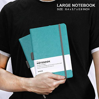 Lemome Thick Classic Notebook with Pen Loop A5 College Ruled Hardcover Writing Notebook with Pocket + Page Dividers Gifts, Banded, Large, 180 Pages, 8.4 x 5.7 in - color: green