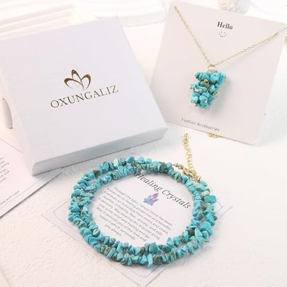 2Pcs Crystal Necklace for Women Handmade Choker Necklaces Pendant Necklace Natural Stone Gemstone Beaded Necklace 18k Gold Plated Adjustable Dainty Necklace for Women - color: Turquoise
