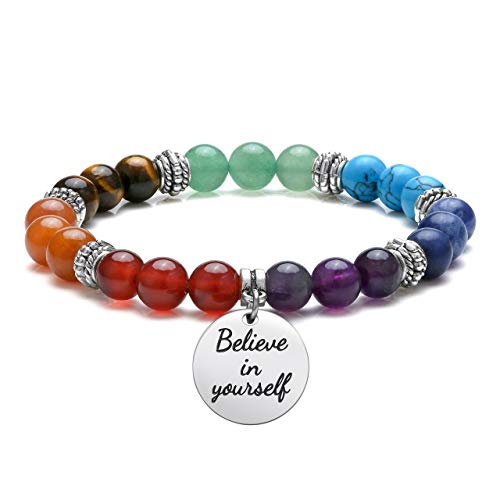 Top Plaza 7 Chakra Stone Bead Bracelets Yoga Reiki Healing Crystals Gemstone Beaded Bracelet Friendship Inspirational Message Charm Bracelet for Women Men - color: Believe in yourself