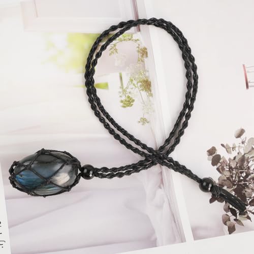 Natural unprocessed crystal raw stone hand woven rope adjustable necklace pendant for both men and women - color: A-Labradorite