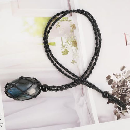 Natural unprocessed crystal raw stone hand woven rope adjustable necklace pendant for both men and women - color: A-Labradorite