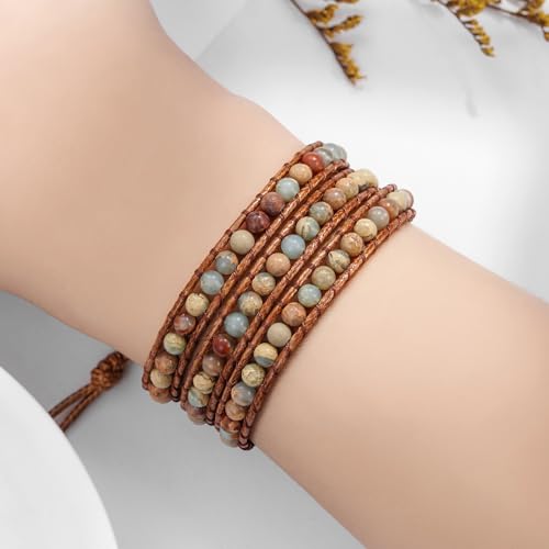 Women Boho Handmade Natural Stone Crystal Leather Bead Wrap Bracelets Collection - style: 4mm Agalmatolite 3W