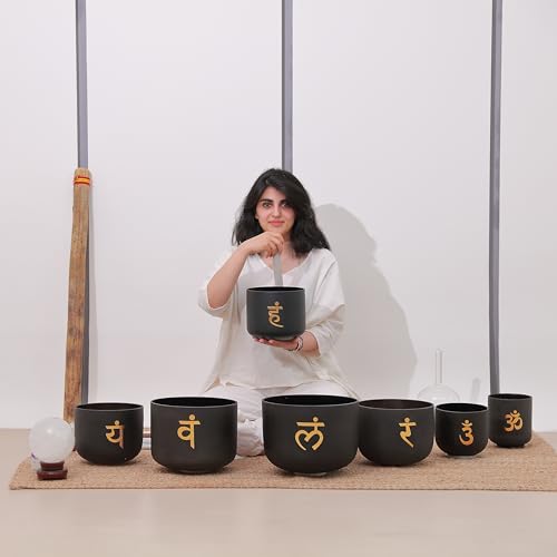 TOPFUND 6-12 inch Chakra Set of 7 Golden Sanskrit Black Crystal Singing Bowls with Heavy Duty Carrying Case and Singing Bowl Mallets - color: Set of 7 Sanskrit Black, size: 6-12 inch
