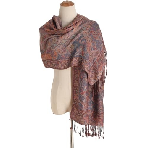 Paisley Pashmina Rave Shawl Scarf-Women's Reversible Ethnic Jacquard Pashmina Wraps for Travel - color: A#. Coffee
