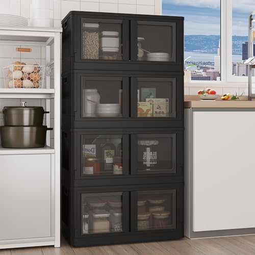 FLEXIMOUNTS 304 QT Stackable Storage Bins With Lids, Collapsible Plastic Storage Bins, Closet Organizers and Storage Containers with Doors and Built-in Wheels For Home, 4 Pack Cubes, Black - color: Black, size: 76 Qt-4 Pack