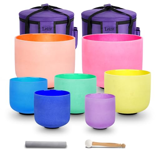 Leize Chakra Tuned 432hz Set of 7 Color Quartz Crystal Singing Bowls 6-12 inch with Heavy Duty Carrying Cases and Singing Bowl Mallets - color: 7 color, size: Set of 7, 6-12", A-G Note, 432 hz