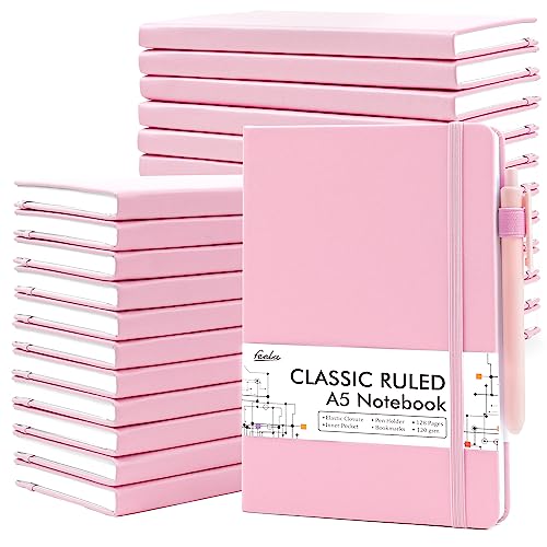 feela 24 Pack Journal Notebook Bulk for Work, Business Notebook Hardcover Lined Writing Journal with Pen Holder for Men Women Note Taking, with 24 Black Pens, 120 GSM, 5.1”x8.3”, A5, Rose Pink - color: 24 Rose Pink