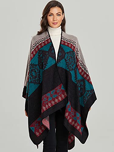 Women's Shawls and Wraps Open Front Poncho Cape Winter Sweater - color: N33-totem Pink Black