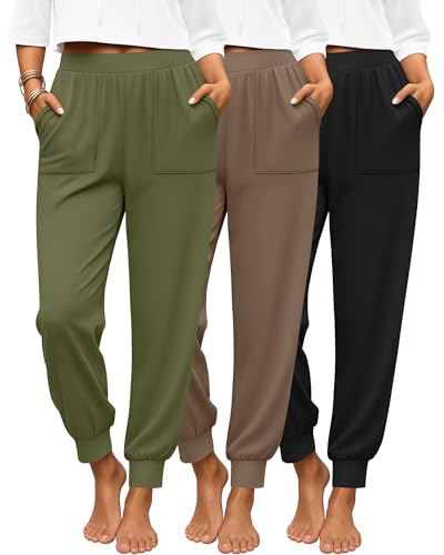 3 Pack Women's Lounge Pants Yoga High Waist Sweatpants Workout Lightweight Casual Joggers Comfy Pajama with Pockets - color: Black, Coffee, Army Green, size: X-Large