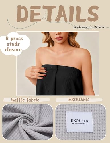 Ekouaer Waffle Robes For Women Bath Wrap Lightweight Shower Wrap 2026 Knee Length Spa Robe with Adjustable Closure S-XL - color: Black, size: Small
