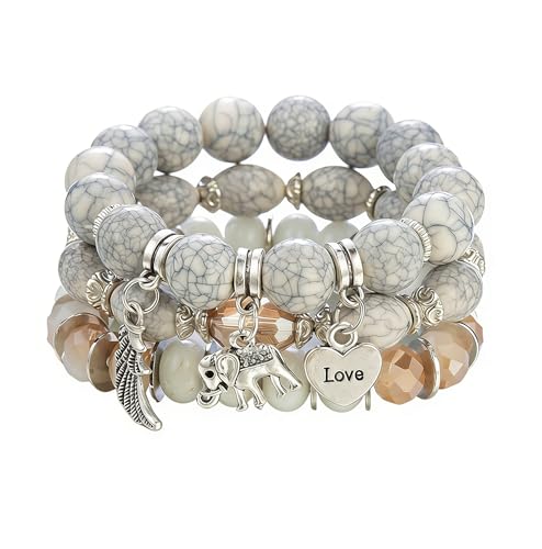 Bohemian Stackable Wood Wooden Beads Elephant Charm Tassel Stretchy Bracelet Set for Women Men Multilayered Multicolor Acrylic Resin Seeds Bracelet Ethnic Jewelry Gift - color: G love-1