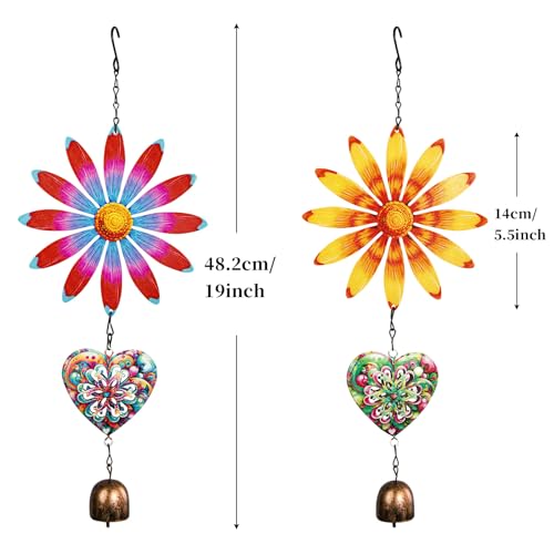 Metal Flowers Hanging Decor, Flower Wind Chime Bell Hanging Decor for Outdoor Garden Yard Doors Walls Living Rooms Bedrooms, 2 Pack (Flower-a-Heart) - style: flower-a-heart
