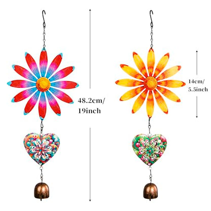 Metal Flowers Hanging Decor, Flower Wind Chime Bell Hanging Decor for Outdoor Garden Yard Doors Walls Living Rooms Bedrooms, 2 Pack (Flower-a-Heart) - style: flower-a-heart