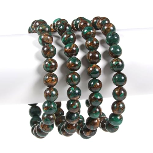Justinstones Gem Semi Precious Gemstone 8mm Round Beads Stretch Bracelet 7 Inch Unisex - color: Copper Malachite