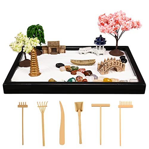 Mini Zen Garden, White Sand, 10" x 7" Rectangular Plastic Tray with Meditation Accessories - size: 10" x 7" x 0.8"