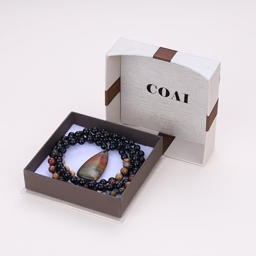 COAI 108 Mala Beaded Necklace for Women Men, Teardrop Pendant Picasso Jasper Onyx Crystal Necklace for Women Men