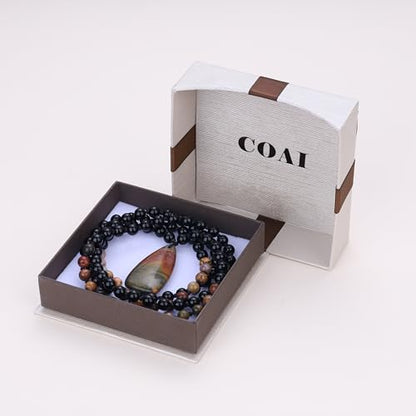 COAI 108 Mala Beaded Necklace for Women Men, Teardrop Pendant Picasso Jasper Onyx Crystal Necklace for Women Men