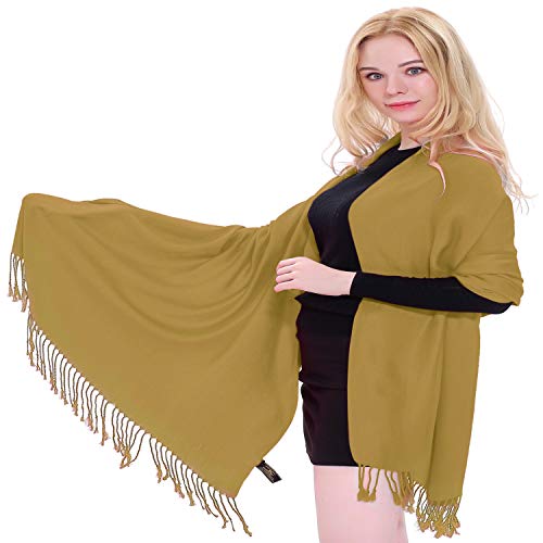 CJ Apparel Solid Color Tassels Design Nepalese Shawl Scarf Wrap Stole Throw Head Wrap Pashmina Gift Hand Made in Nepal New - color: Light Brown