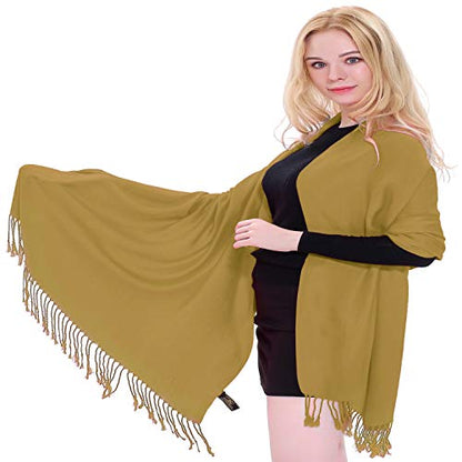 CJ Apparel Solid Color Tassels Design Nepalese Shawl Scarf Wrap Stole Throw Head Wrap Pashmina Gift Hand Made in Nepal New - color: Light Brown