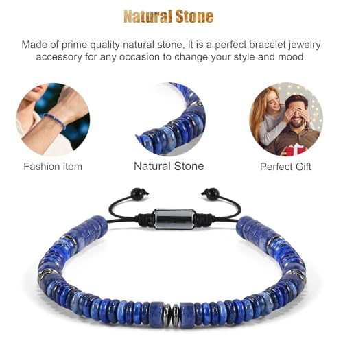 VIBILIA Healing Crystal Bracelets Beaded Bracelets for Men Women Natural Stone Adjustable Bracelets Unique Gifts for Father Son Grandfather Brother Friend - color: Lapis Lazuli