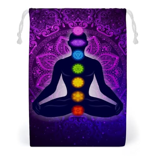 Teeth Dental Seamless Pattern Double Sided Printed Canvas Drawstring Storage Bag - color: Seven Chakra Yoga Meditation Lotus Purple Man, size: 12*18cm