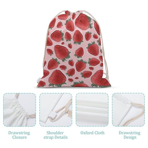 Strawberry Fruit Pink Portable Canvas Drawstring Backpack with Drawstring Pockets 35x50cm - color: Strawberry Fruit Pink, size: 35x50cm
