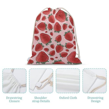 Strawberry Fruit Pink Portable Canvas Drawstring Backpack with Drawstring Pockets 35x50cm - color: Strawberry Fruit Pink, size: 35x50cm