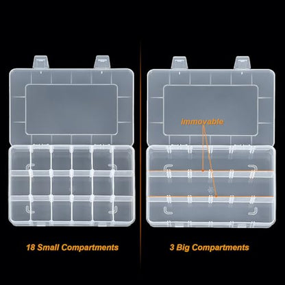 CGCG 3 Pack 7.9 x 5.8 inch Plastic Organizer Box with Adjustable Dividers 18 Grids Clear multi Compartment Storage Container Small Case for Beads Crafts Jewelry Fishing Tackles nail charm sticker