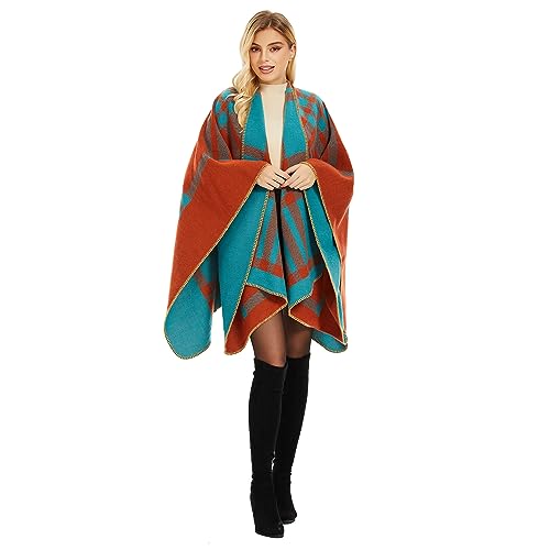 Shawl Wraps for Women, Elegant Knitted Cape Open Front Poncho Scarf Blanket Cardigan Coat for Spring, Autumn, and Winter - color: Orange Blue