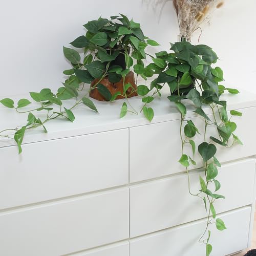 Fake Pothos Hanging Plants – 33" Set of 2 Faux Ivy Vines with Pots Realistic Silk Devil’s Ivy for Indoor Décor Low Maintenance Artificial House Plants for Home Bathroom or Office - Green - color: Green Pothos