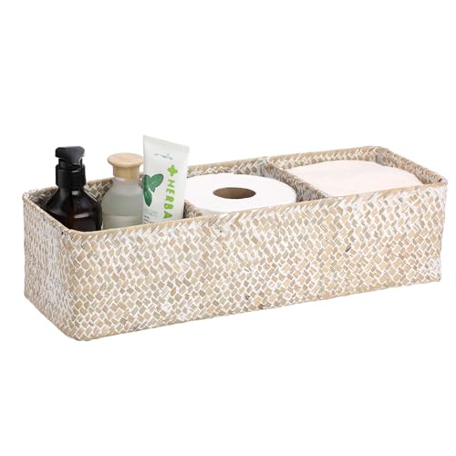 Hipiwe Handwoven Seagrass Storage Basket 3 Sections Toilet Tank Paper Basket Wicker Shelf Basket for Pantry Kitchen Living Room Home Decor, Whitewash - color: Whitewash, size: Large