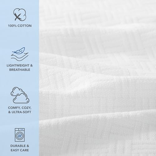 Arkwright Basket Weave Twin Blanket - 100% Ringspun Cotton All Season Blankets, Luxury Hotel Quality, Soft on Skin, Breathable, 300 GSM for Bed, Sofa, and Chair, 68 X 90 in, White - color: Bright White, size: Twin (68x90)
