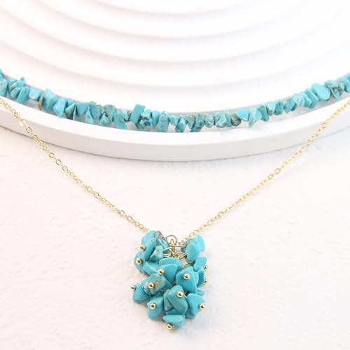 2Pcs Crystal Necklace for Women Handmade Choker Necklaces Pendant Necklace Natural Stone Gemstone Beaded Necklace 18k Gold Plated Adjustable Dainty Necklace for Women - color: Turquoise