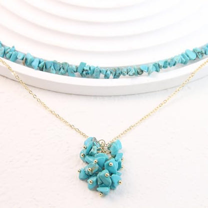 2Pcs Crystal Necklace for Women Handmade Choker Necklaces Pendant Necklace Natural Stone Gemstone Beaded Necklace 18k Gold Plated Adjustable Dainty Necklace for Women - color: Turquoise