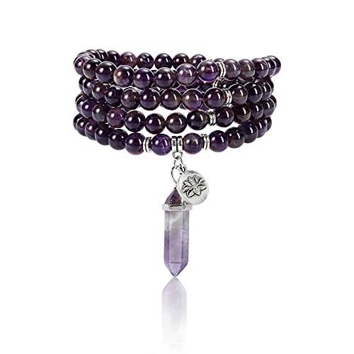Jovivi 108 Mala Beads Bracelet 8mm Natural Amethyst Rose Quartz Healing Crystal Stone Mala Prayer Bead Necklace Hexagonal Prism Gemstone Reiki Pointed Pendant for Yoga Meditation Energy Balancing - color: Amethyst Crystal