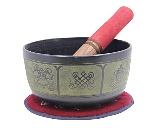 DharmaObjects Yoga Meditation 6 Inches 8 Lucky Symbols Singing Bowl/Cushion/Leather Mallet Gift Set (Black) - color: Black, size: 8 Lucky Symbol