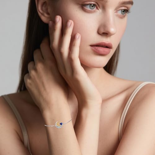 925 Sterling Silver Moon and Sun Star Adjustable Link Bracelet for Women with 12 Month Birthstone Birthday Jewelry - style: 09 - Sept.