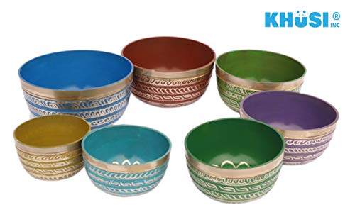 Khusi Tibetan Singing Bowl Set of 7, Handmade, 7 Colors, Chakra Healing, Relaxation, Stress Relief, Comes with Silk Cushions, 4 Sticks and Brocade Box